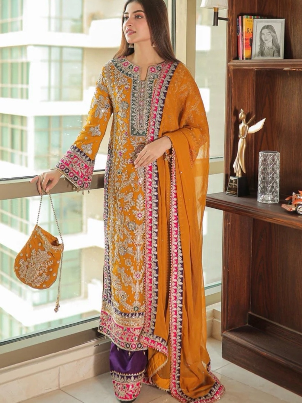 Embroidered Mustard Yellow Pakistani Formal Suit with Pink Accents